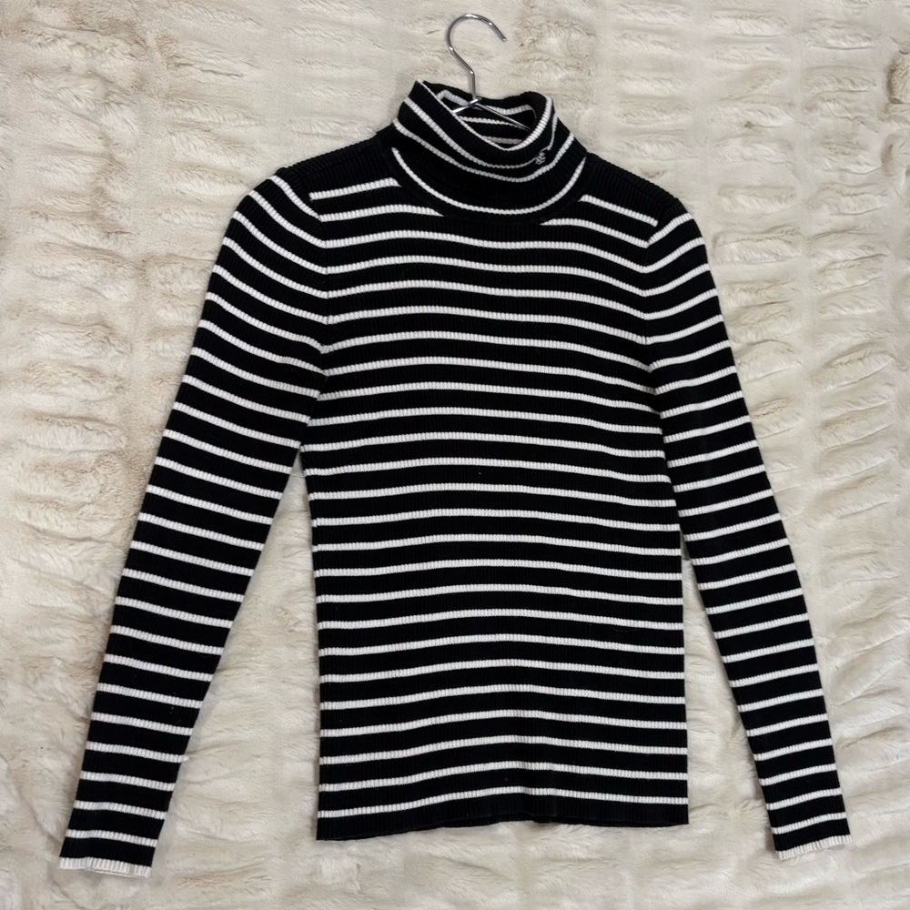 Lauren Ralph Lauren Black and White Striped Turtleneck Ribbed